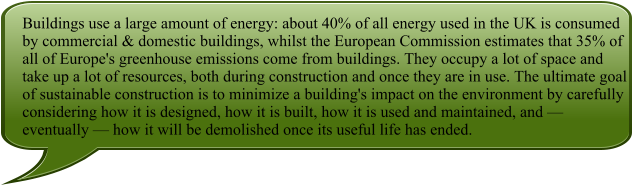 Buildings use a large amount of energy: about 40% of all energy used in the UK is consumed by commercial & domestic buildings, whilst the European Commission estimates that 35% of all of Europe's greenhouse emissions come from buildings. They occupy a lot of space and take up a lot of resources, both during construction and once they are in use. The ultimate goal of sustainable construction is to minimize a building's impact on the environment by carefully considering how it is designed, how it is built, how it is used and maintained, and — eventually — how it will be demolished once its useful life has ended.